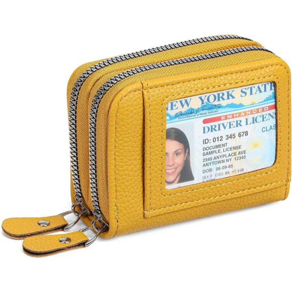 RFID Leather Card Holder Small Wallet for Women Double Zipper ID Coin Purse